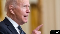 President Joe Biden speaks about Ukraine in the East Room of the White House, Feb. 15, 2022, in Washington.