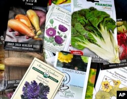 This image provided by Jessica Damiano shows a variety of seed packets in Glen Head, NY, on Jan. 27, 2022. (Jessica Damiano via AP)