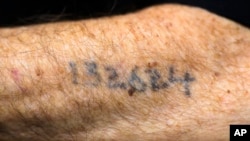 FILE - Auschwitz survivor Leon Schwarzbaum shows his tattooed number to the photographer as he waits to enter the court room for the judgment at the trail against former SS guard Oskar Groening in Lueneburg, Germany, July 15, 2015.