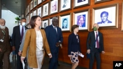 German Federal Minister for Foreign Affairs, Annalena Baerbock, left, and Minister for Europe and Foreign Affairs France, Catherine Colonna, 2nd right, visit the African Union Headquarters in Addis Ababa, Jan. 13, 2023. 