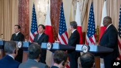 From left: Japanese Defense Minister Yasukazu Hamada, Japanese Foreign Minister Hayashi Yoshimasa, Secretary of State Antony Blinken, and Secretary of Defense Lloyd Austin speak at a news conference at the State Department in Washington, Jan. 11, 2023.