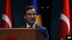 FILE - Swedish Prime Minister Ulf Kristersson speaks to the media during a joint news conference with Turkish President Recep Tayyip Erdogan, not pictured, at the presidential palace in Ankara, Turkey, Nov. 8, 2022.
