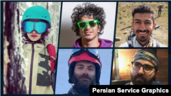 (چپ): دنا شیبانی، (بالا از چپ): حسام موسوی، اشراق نجف‌آبادی (پایین از چپ): امیرارسلان مهدوی، محمد خیوه. سپاه این پنج ورزشکار ایرانی را به تلاش برای بمب‌گذاری متهم کرده است 