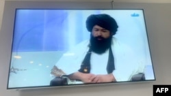 Neda Mohammad Nadeem, the Afghan Taliban minister of higher education, speaks on national TV in Kabul, Dec. 22, 2022.