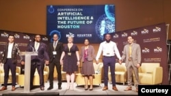 From left: students Igor Lucic, Denzel Wilson, Clark Horak, Dina Marie Stager, Neethianand Gangidi, and Ayomide Sofunwa, and Samir Saber, dean of Houston Community College Digital and Information Technology /center of Excellence. (photo courtesy of Houston Community College Southwest Communications)