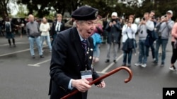 British veteran Peter Kent of the Royal Navy arrives to the ceremony at Pegasus Bridge, in Ranville, Normandy, June, 5, 2022.