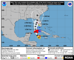 A map issued by the US National Hurricane Center on Sept. 26, 2022, showing the projected path of Hurricane Ian.