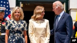 President Joe Biden and first lady Jill Biden greet Olena Zelenska, spouse of Ukrainian's President Volodymyr Zelenskyy at the White House in Washington, July 19, 2022. 