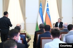 FILE - Uzbek President Shavkat Mirziyoyev has promised the Karakalpak people that no law would change without their approval. Mirziyoyev is pictured in Nukus, Karakalpakstan, July 3, 2022. (Photo by president.uz)