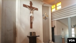 The altar area of St. Francis Catholic Church in Owo, southwest Nigeria, pictured June 10, 2022. It was left in shambles when armed men detonated explosives and shot at worshippers on Sunday. (Timothy Obiezu/VOA)
