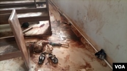 Clotted blood stains the floor in St. Francis Catholic Church, in Owo, southwest Nigeria, days after an attack by armed men, June 10, 2022. (Timothy Obiezu/VOA)