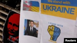 Anti-war posters are pictured displayed outside the Russian embassy, after Spain announced it will expel some 25 Russian diplomats and embassy staff, amid Russia's invasion of Ukraine, in Madrid, Spain, April 5, 2022.