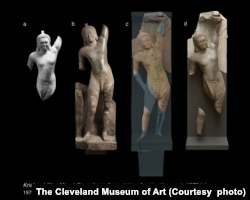 (a) រូបបដិមាព្រះក្រឹស្ណទ្រភ្នំគោវធ៌ន នាឆ្នាំ ១៩៧៣ ពេលសារមន្ទីរសិល្បៈ Cleveland បានទទួលយករូបបដិមានេះមកអភិរក្ស។ (b) ក្រោយពេលអភិរក្សរួច ក្នុងអំឡុងឆ្នាំ ១៩៧៨ - ១៩៧៩។ (c) រូបភាពផ្គុំជាមួយបំណែកដែលត្រូវបានរកឃើញដោយបច្ចេកវិទ្យា 3D នៅឆ្នាំ ២០២១។ (d) រូបបដិមាព្រះក្