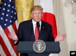 President Donald Trump speaks during a joint news conference with Japanese Prime Minister Shinzo Abe, in the East Room of the White House in Washington, Feb. 10, 2017.