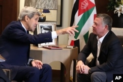 Jordanian King Abdullah II, right, meets with U.S. Secretary of State John Kerry at the Royal Palace in Amman, Jordan, Oct. 24 2015.