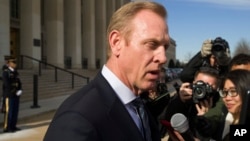 In this Jan. 28, 2019, file photo, acting Defense Secretary Pat Shanahan speaks with the media at the Pentagon in Washington. 