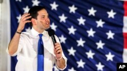 FILE - Republican presidential candidate Sen. Marco Rubio, R-Fla., address the crowd at a campaign rally in Ponte Vedra Beach, Florida, March 8, 2016.