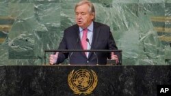 អគ្គ​លេខាធិការ​អង្គការ​សហ​ប្រជាជាតិ ​លោក​ Antonio Guterres ថ្លែង​ទៅ​កាន់​មហាសន្និបាត​ទី​៧៧ នៃ​អង្គការ​សហប្រជាជាតិ នៅ​ទី​ស្នាក់ការ​អង្គការ​សហប្រជាជាតិ​ក្នុង​ទី​ក្រុង New York កាល​ពី​ថ្ងៃ​ទី​២០ ខែ​កញ្ញា ឆ្នាំ​២០២២។