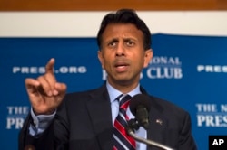 Republican presidential candidate, Louisiana Gov. Bobby Jindal speaks at the National Press Club in Washington, Sept. 10, 2015.