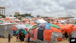 Somali children who fled drought-stricken areas stand by their makeshift shelters at a camp for the displaced on the outskirts of Mogadishu, Sept. 3, 2022. 
