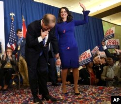 Democratic candidate for U.S. Senate Doug Jones thanks supporters as he holds his wife Louise's hand Tuesday, Dec. 12, 2017, in Birmingham, Ala.