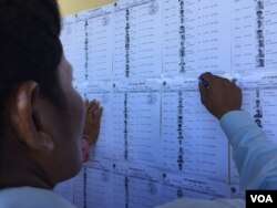 អ្នក​ភូមិនៅ​ក្នុង​ស្រុក​ស្វាយ​លើ ​ឃុំ​តាសៀម​ កំពុង​ស្វែង​រក​ឈ្មោះ ​និង​លេខរៀង​ ដើម្បី​ចូល​បោះឆ្នោត​ជ្រើសរើស​អ្នក​ដឹក​នាំ​ឃុំ​ នៅ​ក្នុង​ការ​បោះឆ្នោត​ឃុំ​សង្កាត់​អាណត្តិ​ទី​បួន។ (ផន បុប្ផា/VOA)