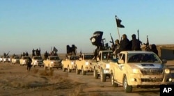 FILE - Militants of the Islamic State group hold up their weapons and wave flags on their vehicles in a convoy on a road leading to Iraq, while riding in Raqqa, Syria.