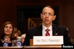 FILE - Rod Rosenstein, nominee to be Deputy Attorney General, testifies before the Senate Judiciary Committee on Capitol Hill in Washington, March 7, 2017.
