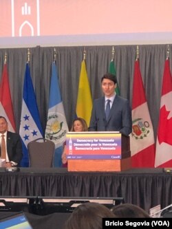 El primer ministro de Canadá, Justin Trudeau, hablando en la reunión del Grupo de Lima, en Ottawa, Canadá, el lunes, 4 de febrero de 2019.
