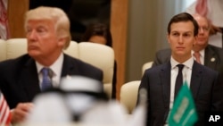 White House senior adviser Jared Kushner, right, looks on during a meeting between U.S. President Donald Trump, left, and leaders at the Gulf Cooperation Council Summit, at the King Abdulaziz Conference Center, in Riyadh, Saudi Arabia, May 21, 2017.