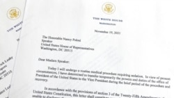 A portion of letters sent to House Speaker Nancy Pelosi and President Pro Tempore of the Senate Patrick Leahy from President Joe Biden are seen Nov. 19, 2021, in Washington. Biden briefly transferred power to Vice President Kamala Harris on Friday when he underwent a “routine colonoscopy" at Walter Reed National Military Medical Center, the White House said.