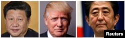 FILE - A combination of photos of U.S. President Donald Trump (center) in Washington, March 1, 2017, Japan's Prime Minister Shinzo Abe (right) in Tokyo, Nov. 18, 2014, and Chinese President Xi Jinping (left) at London's Heathrow Airport, Oct. 19, 2015.