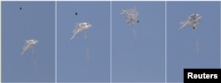 A combination picture shows an Israeli drone intercepting a Palestinian kite in an area where kites and balloons have caused blazes, on the Israeli side of the border between Israel and the Gaza Strip, June 8, 2018.