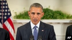 President Barack Obama speaks in the Roosevelt Room of the White House in Washington, Oct. 15, 2015.