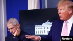 Dr. Anthony Fauci, director of the National Institute of Allergy and Infectious Diseases, listens as President Donald Trump speaks at the daily coronavirus response briefing at the White House in Washington, April 1, 2020.