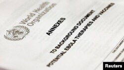 A document is pictured at the opening of a consultation of international experts on potential Ebola therapies and vaccines in Geneva Sept. 4, 2014. 