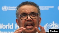 FILE - Director-General of the WHO Tedros Adhanom Ghebreyesus speaks during a news conference on the novel coronavirus in Geneva, Switzerland, Feb. 11, 2020.