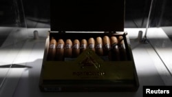 A Montecristo Cuban cigar box is displayed during the XVII Habanos Festival in Havana, Feb. 23, 2015. 