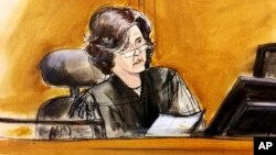 In this courtroom sketch, U.S. District Judge Kimba Wood presides over a federal court hearing where attorneys for President Donald Trump and Michael Cohen, the president's personal attorney, tried to persuade the judge to delay prosecutors from examining records and electronic devices seized in the raids.