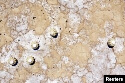 FILE - A drone view shows landmines in the desert left over from the Iraq-Iran war, at the Shatt al-Arab border region with Iran, in Basra, Iraq, April 2, 2024.