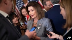 FILE - House Speaker Nancy Pelosi speaks with reporters on Capitol Hill in Washington, Sept. 18, 2019. 