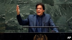 Pakistan's Prime Minister Imran Khan addresses the 74th session of the United Nations General Assembly, in New York, Sept. 27, 2019. 