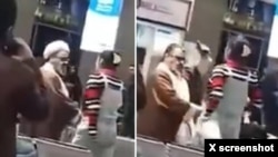These images from video show a confrontation between a woman and a cleric over compulsory hijab laws, at Mehrabad Airport in Tehran, Iran, on Monday.