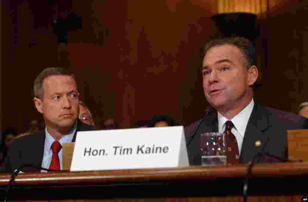 Virginia Gov. Tim Kaine, right, and Maryland Gov. Martin O'Malley testify on Capitol Hill in Washington, Sept. 26, 2007, before the Senate Environment and Public Works Committee hearing to discuss the impact of global warming in the Chesapeake Bay.