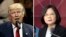 FILE - This combination of two photos shows U.S. President-elect Donald Trump speaking during a "USA Thank You" tour event in Cincinatti, Dec. 1, 2016, and Taiwan's President Tsai Ing-wen, delivering a speech during National Day celebrations in Taipei, Taiwan, Oct. 10, 2016. 