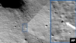 These photos provided by NASA show images from NASA’s Lunar Reconnaissance Orbiter Camera team, which confirmed Odysseus completed its landing. (NASA/Goddard/Arizona State University via AP)