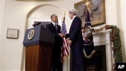President Barack Obama shakes hands with Sen. John Kerry, D-Mass., his choice to be the next Secretary of State, as he makes his announcement at the White House in Washington, Friday, Dec. 21, 2012. 
