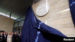 U.S. Treasury Secretary Steven Mnuchin unveils the seal for the new U.S. embassy during the dedication ceremony of the new U.S. embassy in Jerusalem, May 14, 2018.