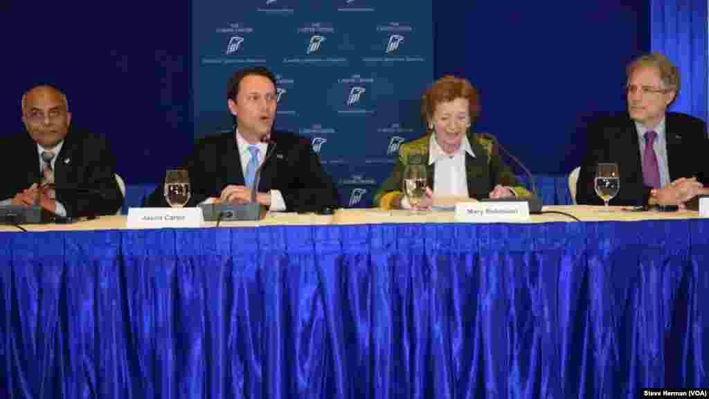 From left, the U.S. Carter Center election observation mission, Bhojraj Pokharel, Jason Carter, Mary Robinson and Jonathan Stonestreet, speak to reporters in Yangon, Myanmar, Nov. 10, 2015.