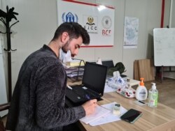 Mivan Akey, Hassan Sham Camp manager, says 200 men have been freed from criminal charges in the camp, but cannot go home. Nov. 16, 2020, Hassan Sham, Iraq. (Halan Akoiy/VOA)